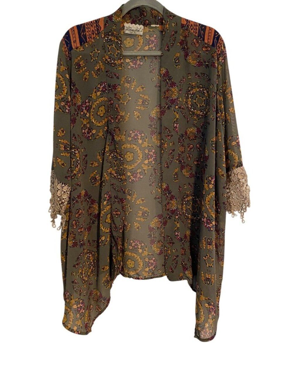 Gimmicks By BKE Women's M Olive Paisley Lace Trim Cuff Open Front Sheer Cottage
